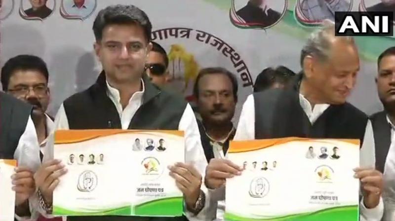 Rajasthan Congress chief Sachin Pilot, former chief minister Ashok Gehlot and chairman of the manifesto committee Harish Choudhary released the party manifesto. (Photo: ANI | Twitter)
