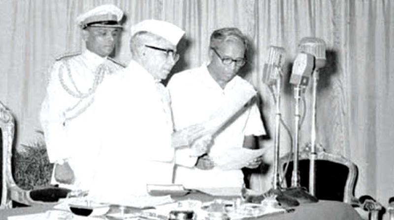 E.M.S. Namboodiripad being sworn in as the first Chief Minister of Kerala on April 5, 1957.