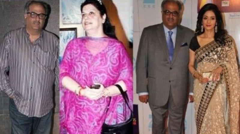 Boney Kapoor at an event, Mona Kapoor at an event, Boney with Sridevi at an event.