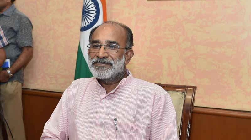 Alphons Kannanthanam, the new Minister of State (Independent charge) before taking charge of his office in New Delhi on Monday. (Photo: PTI)