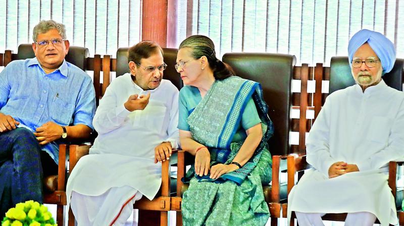 Congress chief Sonia Gandhi chairing a meeting of the opposition leaders in New Delhi on Friday. (Photo: PTI)