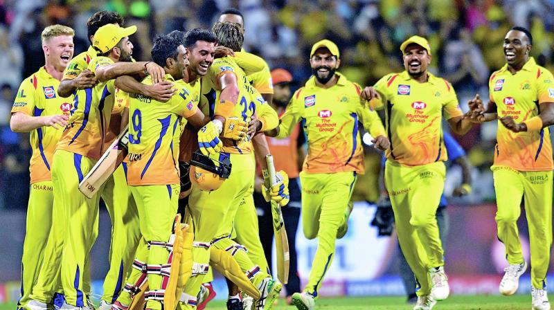 CSK players celebrate after beating Sunrisers Hyderabad for their third IPL title in Mumbai on Sunday.  (Photo:Rajesh Jadhav)