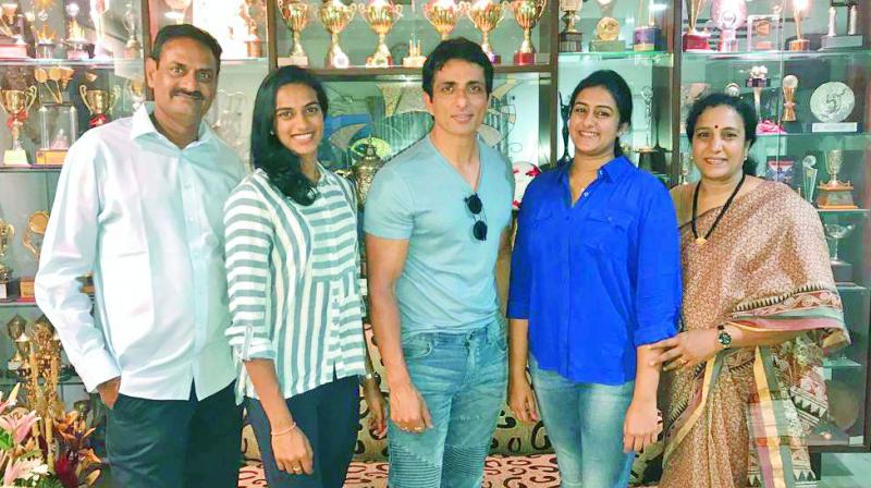 Sonu Sood with P.V. Sindhus family
