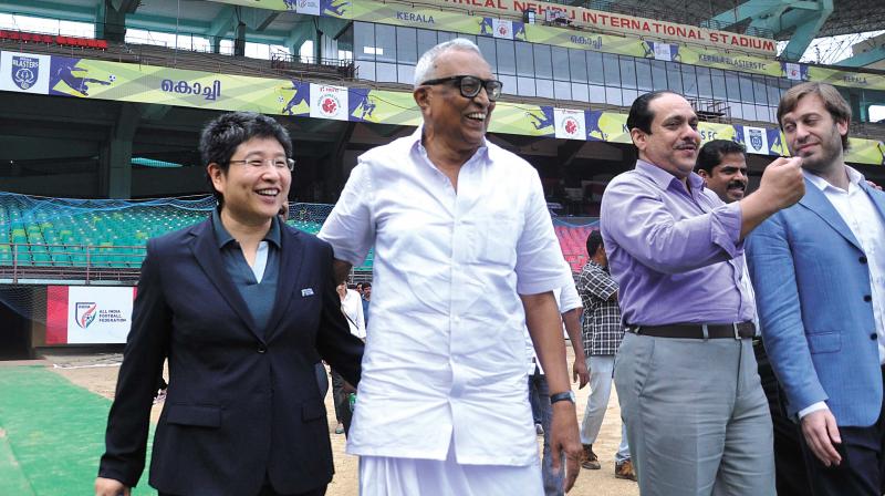 FIFA project lead Tracy Lu, Kerala Football Association president K.M.I. Mather, state governments nodal officer Mohammed Hanish, KFA secretary Anilkumar and tournament director Javier Ceppi during an inspection of the Jawaharlal Nehru Stadium in Kochi on Wednesday. (Photo: SUNOJ NINAN MATHEW)