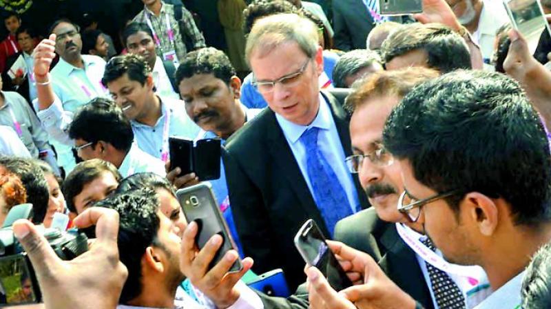 Nobel Laureate Prof. Jean Tirole of Toulouse School of Economics comes out of the venue at Indian Science Congress on Wednesday in Tirupati. 	(Photo: Madhu B.)