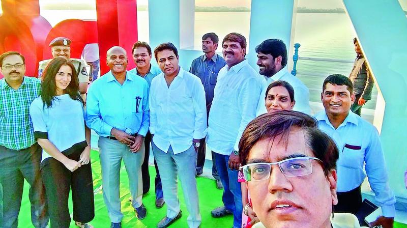 A selfie shared by Art Cafe founder Prshant Lahoti shows IT Minister K.T Rama Rao with other officials and dignitaries at the Love Hyderabad installation at Tank Bund on Friday.