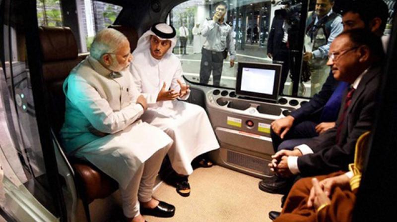 Prime Minister Narendra Modi toured Masdar in Abu Dhabi, which is a zero-carbon smart city, prior to heading to Dubai for a mega meeting with 50,000 Indian community members.