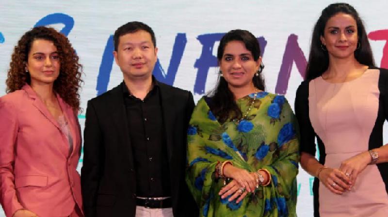L to R:  Ms. Kangana Ranaut,  India Actress, Mr. Shunyan Zhu, President of UC, Alibaba Digital Media and Entertainment Group, Ms. Shaina NC, Fashion Designer and Social Worker and Ms. Gul Panag, Indian actress and Founder of Col. Shamsher Singh Foundation