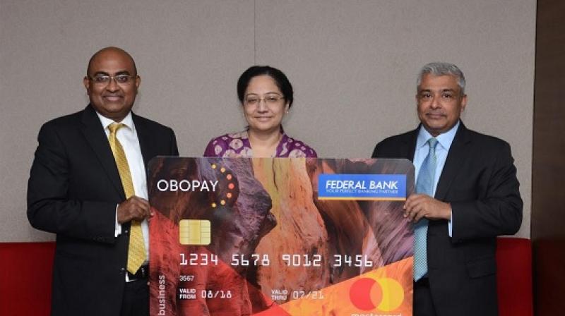 L to R - Shailendra Naidu, CEO, OBOPAY with Nilufer Mullanfiroze, Senior Vice President, Federal Bank and Vikas Varma, Senior Vice President, South Asia, Mastercard