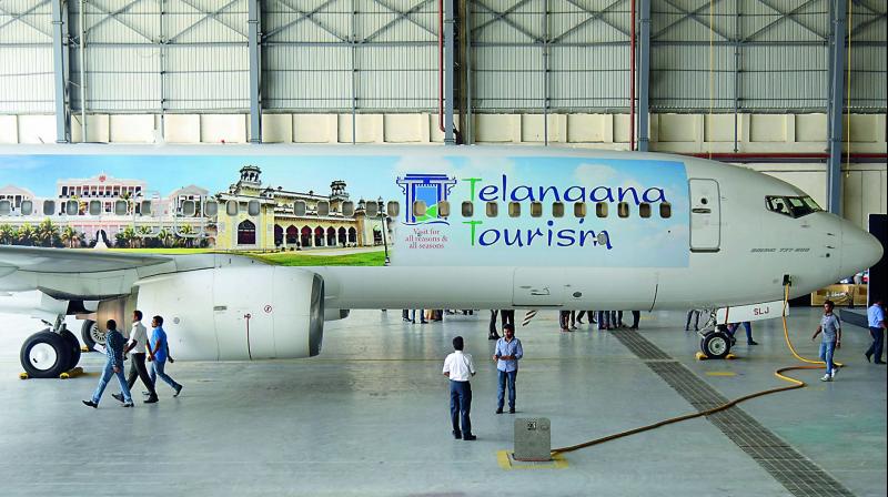With a view to promoting tourism, the Telangana government has advertised the charms of the state on a Spice Jet Boeing aircraft at RGIA Shamshabad.