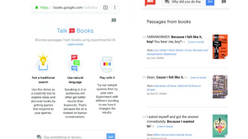 A screengrab of the AI tool, Talk to Books can be accessed at books.google.com/talktobooks