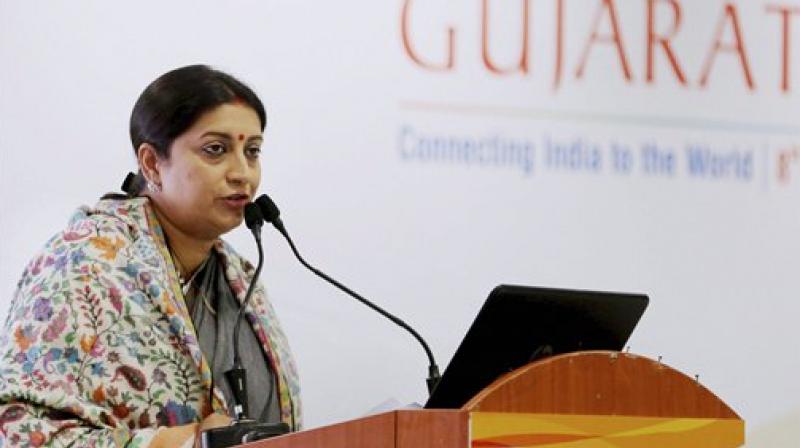 Union Textiles Minister Smriti Irani addressing a seminar at Vibrant Gujarat summit in Gandhinagar.