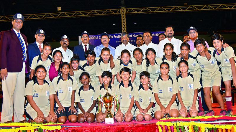 TFA Seniors girls team pose with the winners trophy after emerging champions in the Under 19 football talent hunt tournament that was played in Hyderabad. In the final, TFA Seniors defeated TFA Girls 6-1. (Photo: S. Surender Reddy)