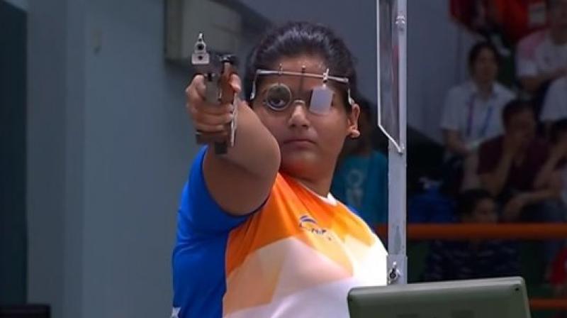 Rahi Sarnobat on Wednesday became the first Indian woman shooter to win an Asian Games gold medal as she triumphed after prevailing in a double shoot-off in the 25m pistol. (Photo: Twitter / IOA India)