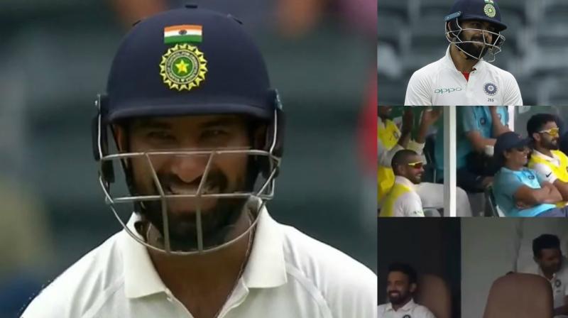 Virat Kohli, Indian dressing room and dug out could not hold back their smiles as Cheteshwar Pujara opened his account on the 54th delivery he faced. (Photo: Screengrab / AFP)