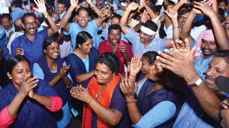 Jubilation by empanelled employees after successful negotiation with the government in the state capital on Friday.