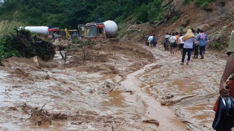 Landslides have been reported at many places along Shiradi Ghat of Hassan leading to road blocks (Photo: DC)