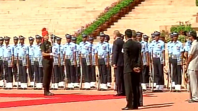 Turkish President Recep Tayyip Erdogan, who arrived in India on a two day visit, was granted a ceremonial reception at the Rashtrapati Bhawan. (Photo: ANI/Twitter)