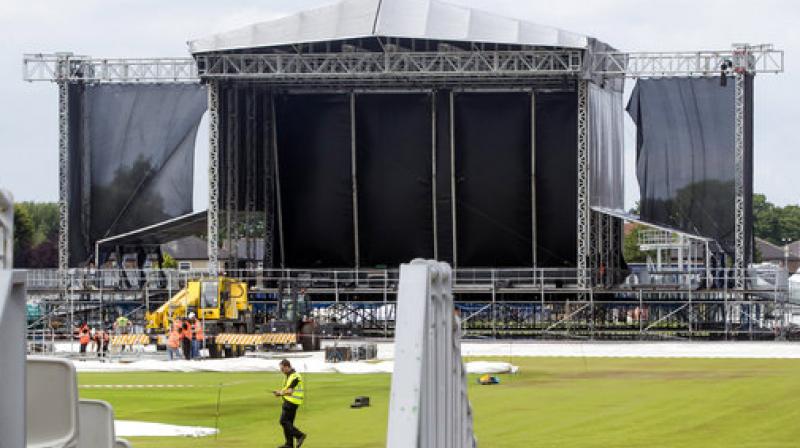 Preparations take place ahead of Ariana Grandes One Love Manchester concert, at the Emirates Old Trafford cricket ground, in Manchester, England, Thursday. Grande announced Tuesday that she and other top stars including Justin Bieber, Coldplay and Miley Cyrus will return to the city to perform at a benefit concert on Sunday. (Photo: AP)