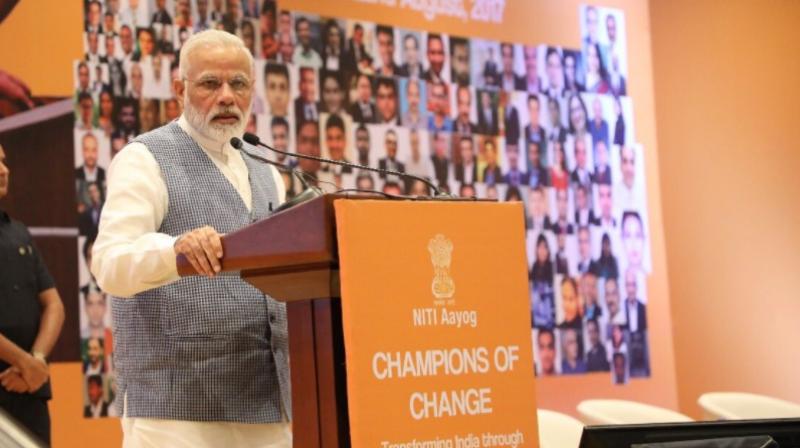 Prime Minister Narendra Modi addresses young CEOs at Niti Aayogs Champions of Change program. Photo: Twitter| @NITIAayog