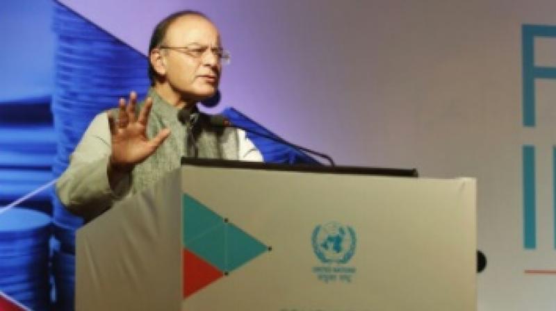 Finance Minister Arun Jaitley on Wednesday said zero balance accounts under the Jan Dhan Yojana have come down to 20 per cent from 77 per cent. Photo: Twitter| @FinMinIndia
