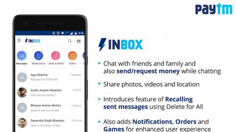Paytm on Friday launched Inbox, a messaging service that will allow consumers to chat with friends and family, and send and request money at the same time. (Photo: ANI)
