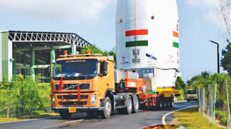 A part of GSLV Mk III-D2 rocket is being taken to assembly building at Sriharikota