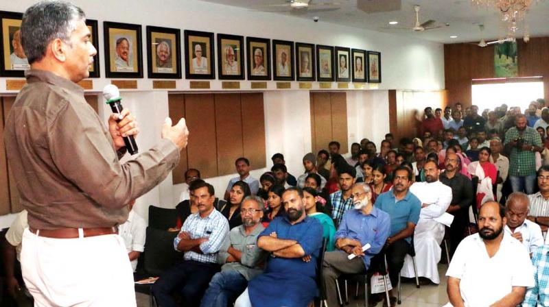 Vigilance director Jacob Thomas talks at P. Jibin commemoration programme in Kozhikode on Thursday.