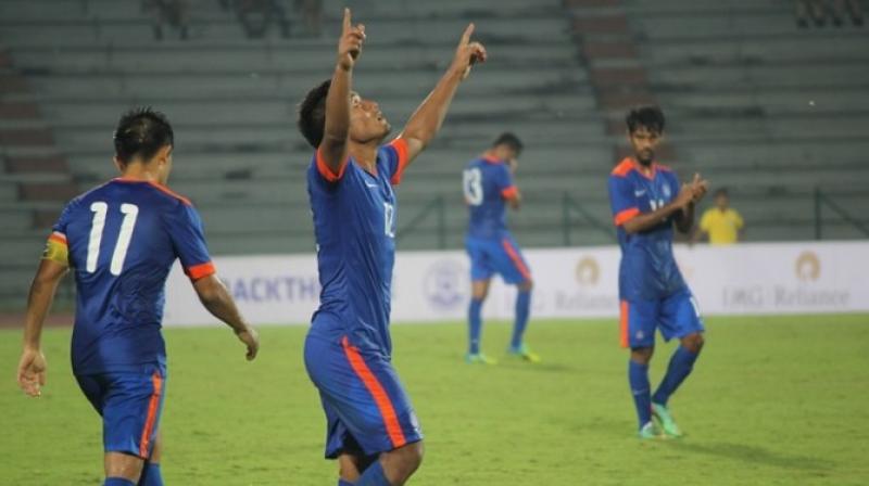 India played a lacklustre first half but they regrouped in the second session to pump in two quick goals in the space of three minutes. (Photo: AIFF)