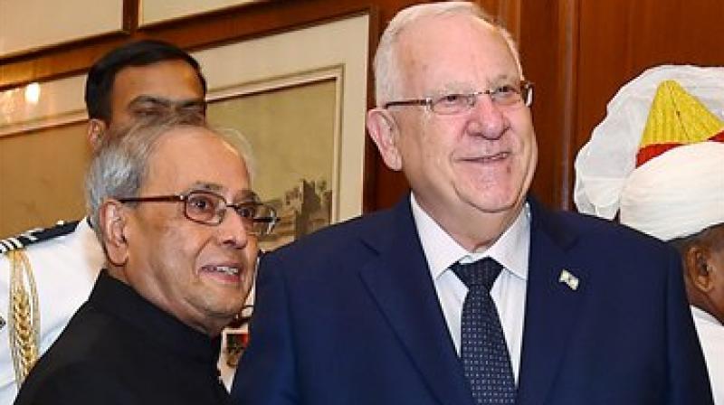 President Pranab Mukherjee shakes hands with President of Israel Reuven Rivin at a meeting in Rastrapati Bhawan in New Delhi. (Photo: PTI)