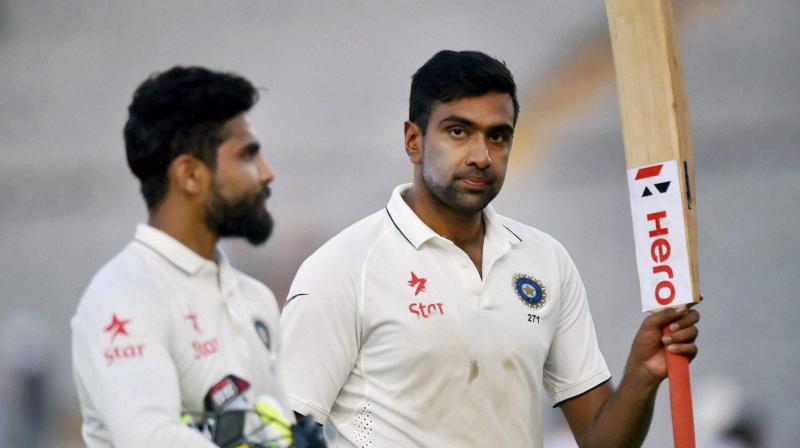 Post Kohlis dismissal, Ashwin took up the mantle of scoring runs along and Jadeja, with some lusty blows including a straight six, complemented him well. (Photo: PTI)