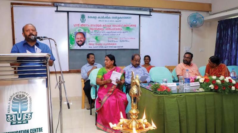 Agriculture Minister V.S. Sunil Kumar speaks at a function organised by the Kerala Agricultural University (KAU) to felicitate the winners of Plant Genome Saviour awards on Saturday. (Photo: DC)