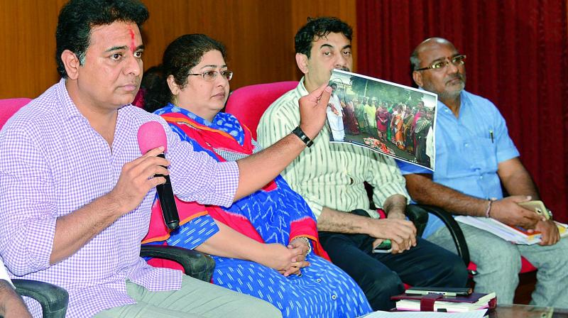 KTR at a press meet held in the Secretariat on Monday, on the burning of the Bathukamma sarees; said that the event was an orchestrated and manufactured protests. Also seen are Shailaja Ramaiyer director of handlooms and textiles and Jayesh Ranjan industries secretary. 	(Photo: P. Anil Kumar)