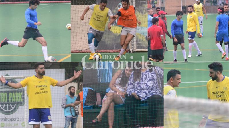 Sakshi in attendance as Dhoni shows footy skills with Abhishek, Ishaan, others