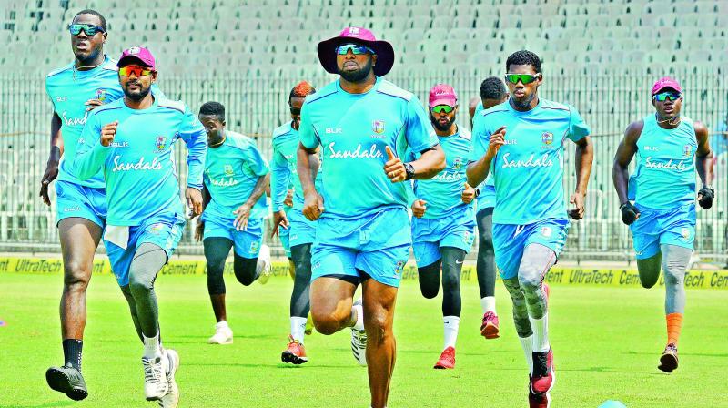 West Indian cricketers during a training session in Chennai on Saturday. (Photo: E.K. Sanjay)