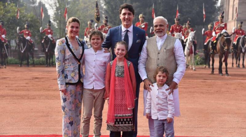 Canadian Prime Minister Justin Trudeau and his family meet Prime Minister Narendra Modi in New Delhi. (Photo: Twitter | @MEAIndia)
