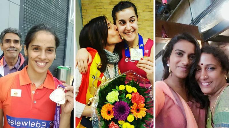Saina Nehwals father and PV Sindhus mother had a surprise fan waiting for them outside the World Badminton Championship venue in form of Olympic gold-medallist Carolina Marins mother. (Photo: Twitter)