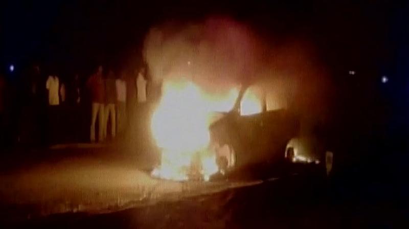 Three people, including a woman, were burnt to death inside a car in Chennais Mahabalipuram on Saturday. (Photo: ANI/Twitter)