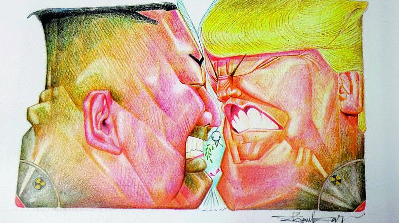 Caricature by Shankar Pamarthy depicting North Korean President Kim Jong and US President Donald Trump at logger heads over nuclear deals.