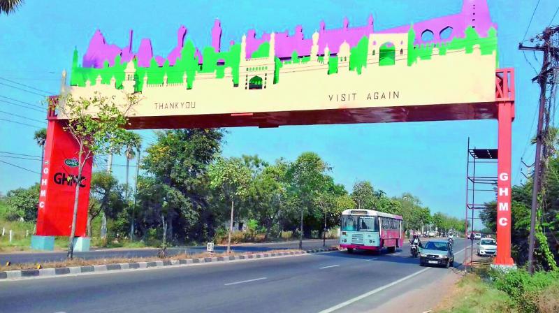 Welcome arches at entry points to the city like this one at Jodimetla on Ghatkesar Road are set to make a big impact. (Photo: DC)