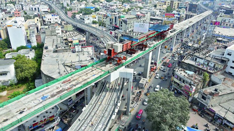 An overview of work on the Ameerpet Metro Rail line on Monday. (Photo: S. Surender Reddy)