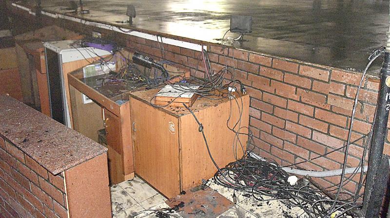 Cables, speaker damaged after fire broke out at Ravindra Bharati on Sunday. (Photo: DC)