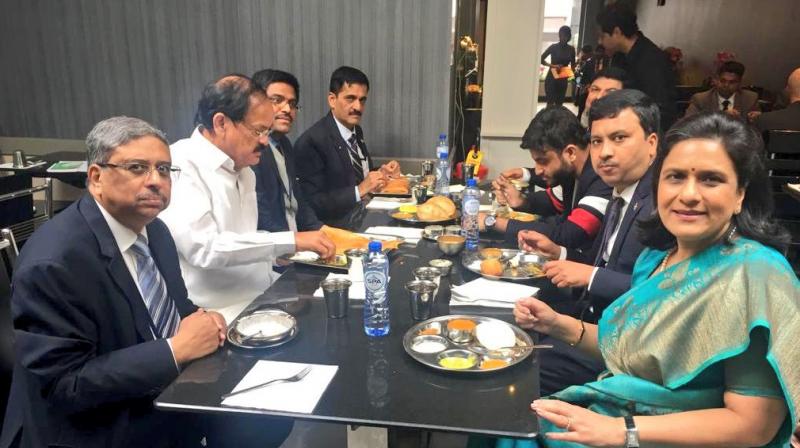 Vice President M Venkaiah Naidu dined at Saravana Bhavan, a popular south Indian restaurant in Brussels. (Photo: Twitter | @VPSecretariat)