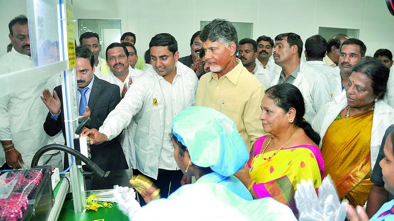Chief Minister N. Chandrababu Naidu goes through the equipment at the Celkon mobile phones manufacturing plant near Tirupati on Thursday. (Photo: DC)