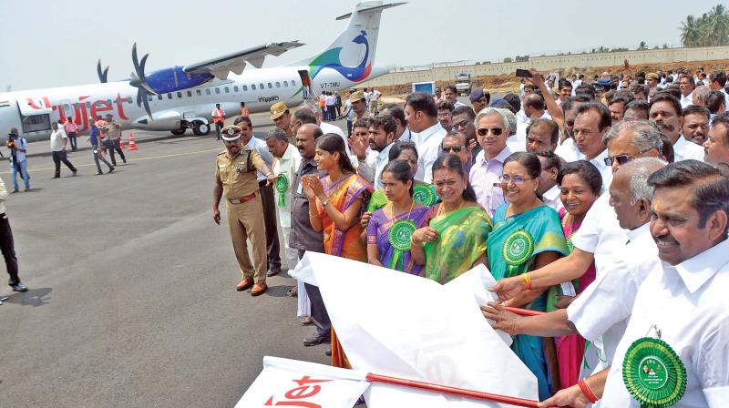 Chief Minister Edappadi K. Palaniswami and Union minister of state for finance and shipping Pon Radhakrishnan flag off the air service between Salem and Chennai in Salem on Sunday.  (Photo: DC)