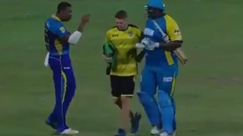 Pollard, who was not pleased with the incident, gave an ugly send off to the batsman. (Photo: Youtube screengrab)