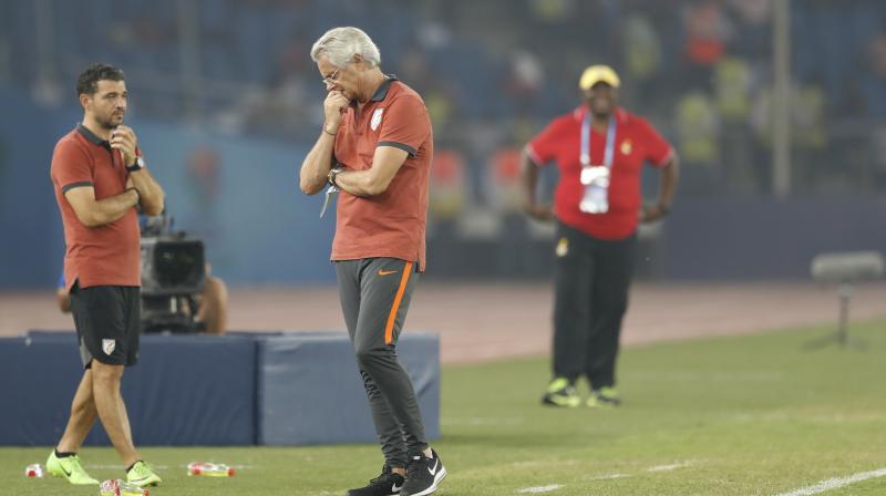 Matos looks dejected after Ghana scored goal against India in the Group A match played at Jawaharlal Nehru stadium in New Delhi.. (Photo: AP)
