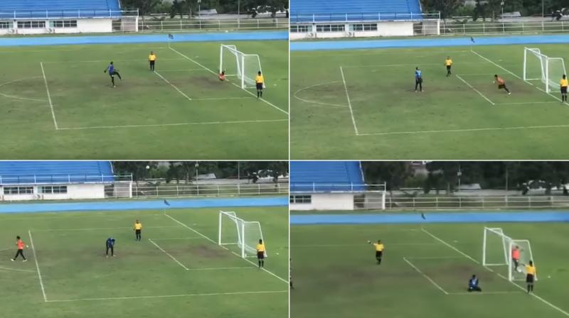 Satris keeper turned to see the ball bounce near the penalty spot and spin back towards the unguarded net. (Photo: Youtube screengrab)