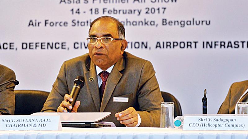 HAL Chairman and Managing Director Suvarna Raju addressing the media at the Yelahanka Airbase on Wednesday. (Photo: DC)