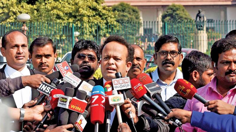 Advocate Rajaram addresses the media, outside the Supreme Court in New Delhi on Tuesday. (Photo: AP)